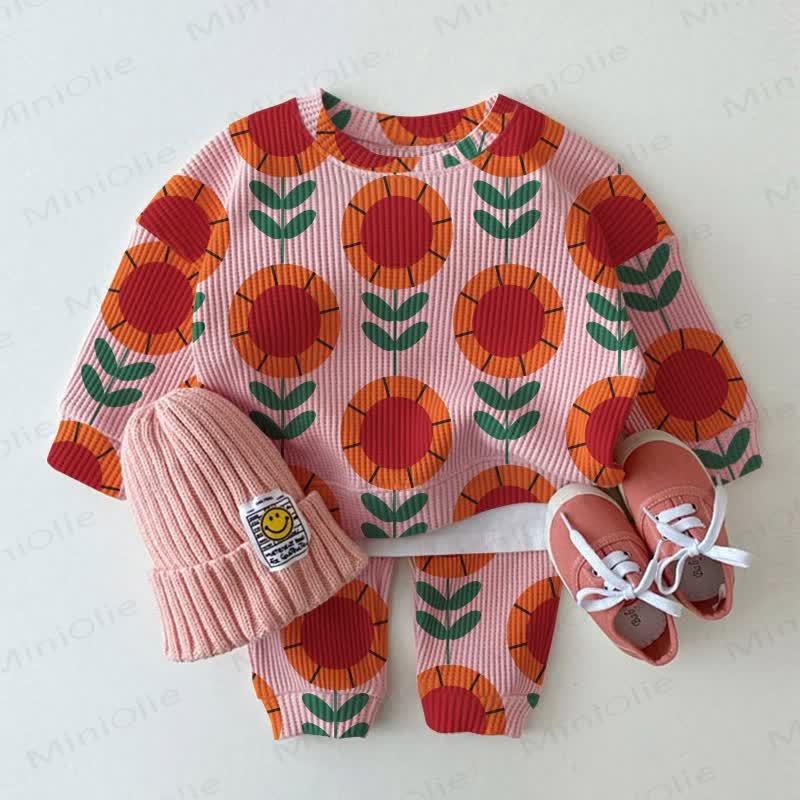 Baby Kleinkind Sonnenblumen Rosa Waffel 2-teiliges Set - Rosa - 3-5J - image 1