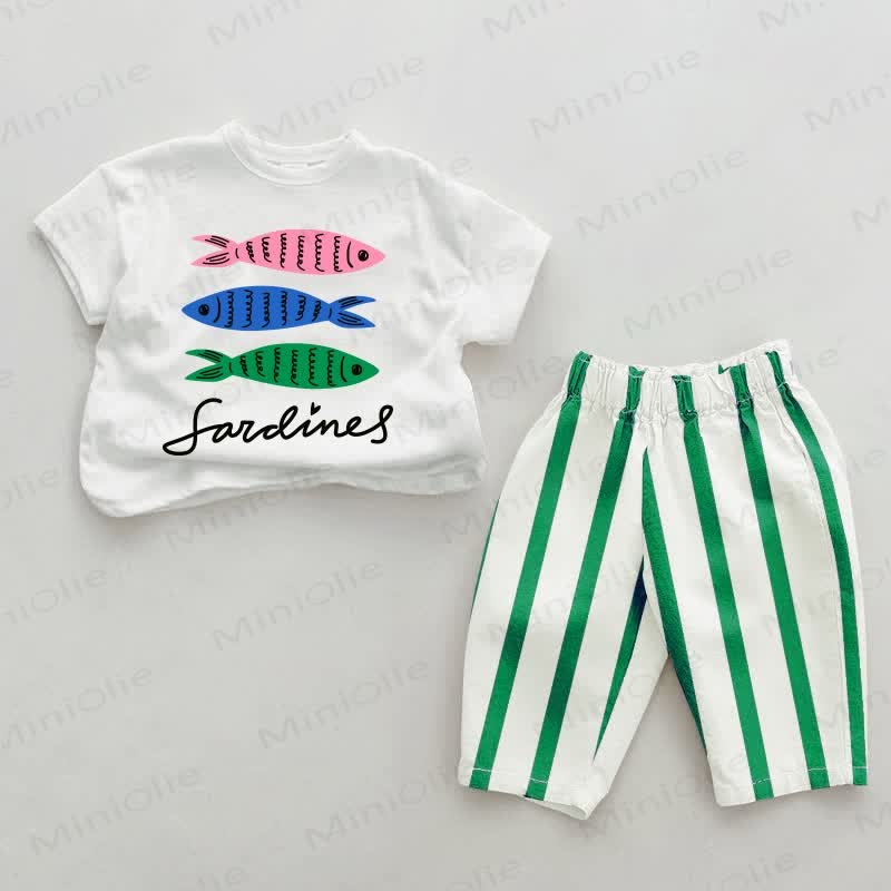 Baby Three Sardines Grün Vertikal Streifen 2-teiliges Set - Weiß&Grün - 2-3J - image 1