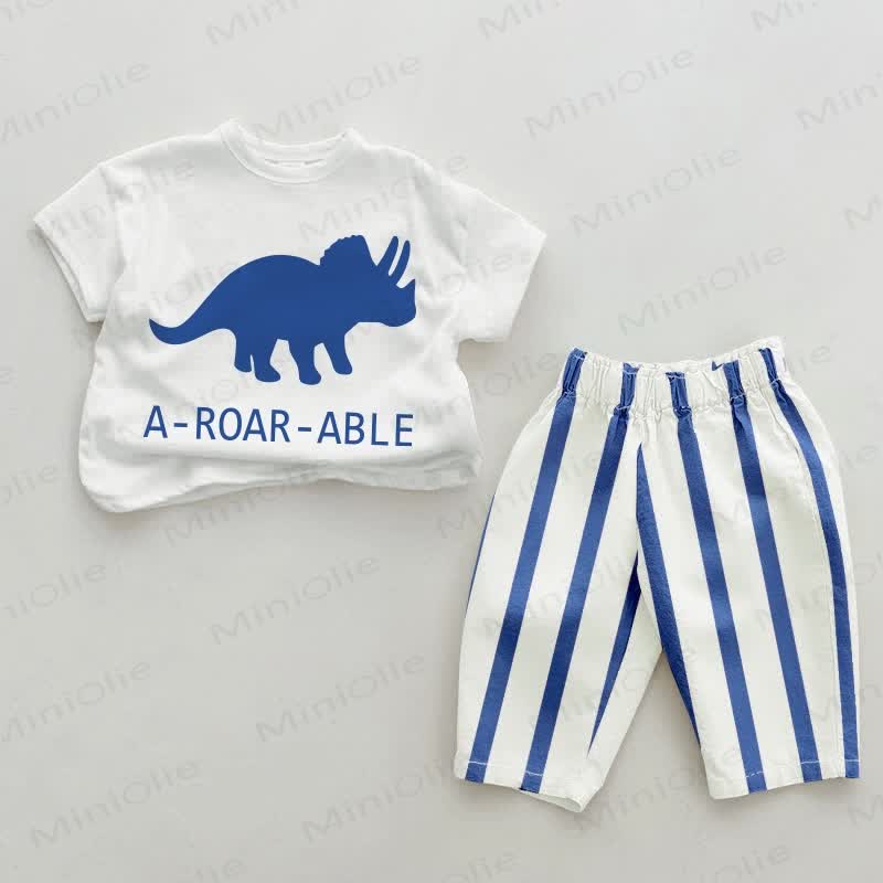 A- ROAR-ABLE Baby Dinosaurier, Blau, vertikal Streifen , 2-teiliges Set - Weiß&Blau - 2-3J - image 1