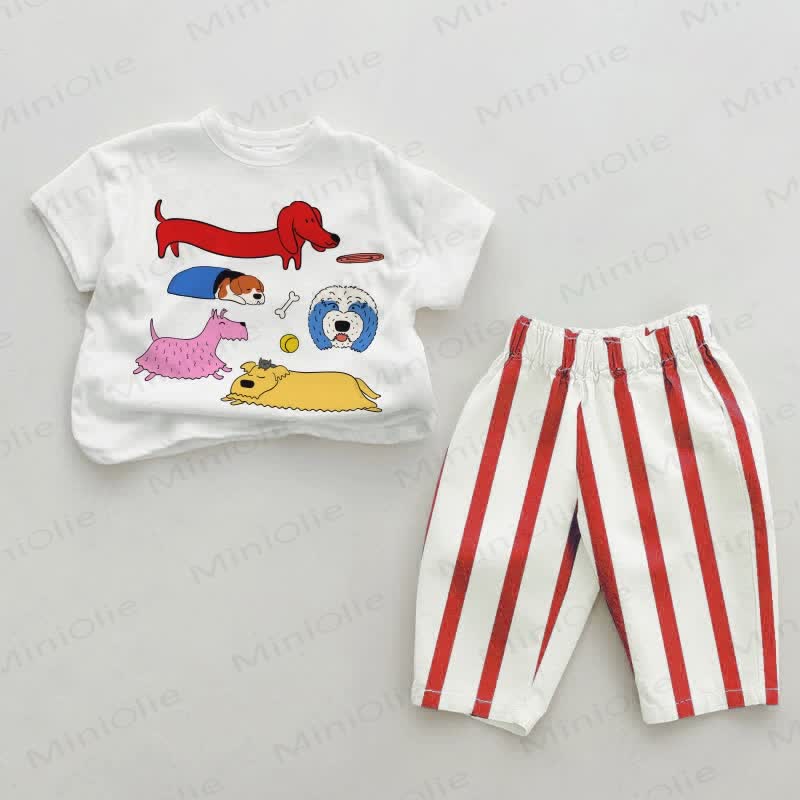 Baby Verschiedene Hunde Rot Vertikal Streifen 2-teiliges Set - Weiß&Rot - 2-3J - image 1