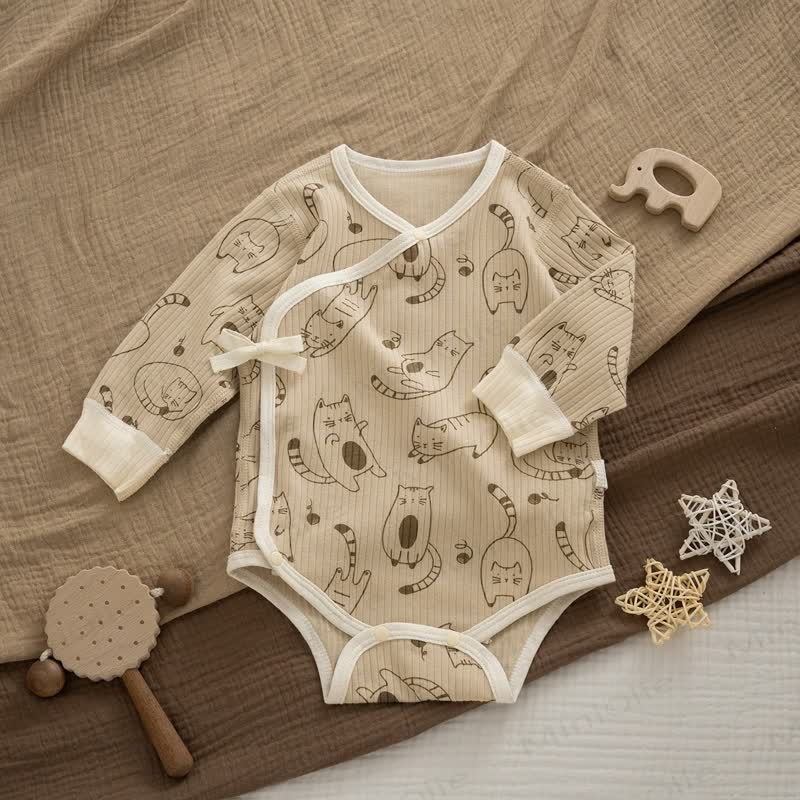 Gerippt Kimono Bodysuit mit Katzenmotiv für Neugeboren - Khaki - 12-18M - image 1