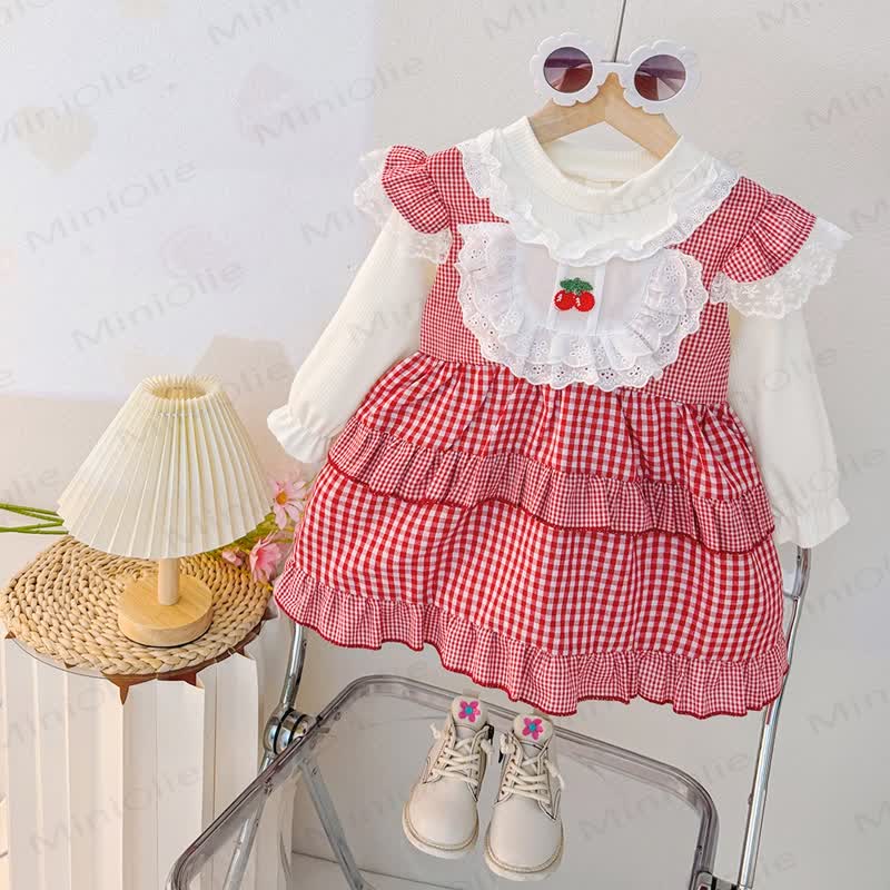 Baby Kleinkind Kirsche Plaid Spitzenkleid - Rot - 3-5J - image 1