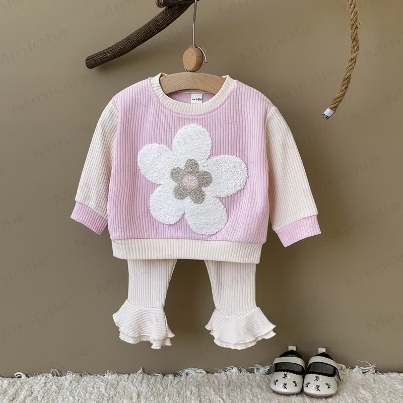 2-teiliges Blume Baby Set aus Sweatshirt und Hose mit Gerippt - Rosa - 2-3J - image 1