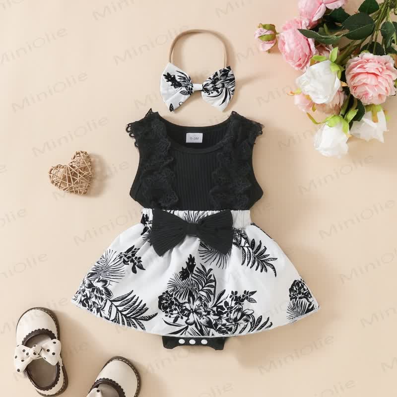 Baby Bodysuit mit geblümtem Blumen und Stirnband - Schwarz - 12-18M - image 1