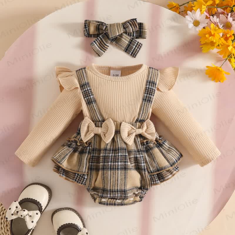Baby Bodysuit mit Plaid Schleife und Stirnband - Khaki - 12-18M - image 1