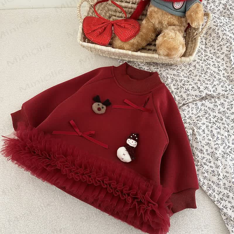 Weihnachten mit Schneemann, Schleife , langen Ärmeln, mittellang - Wein - 5J - image 1