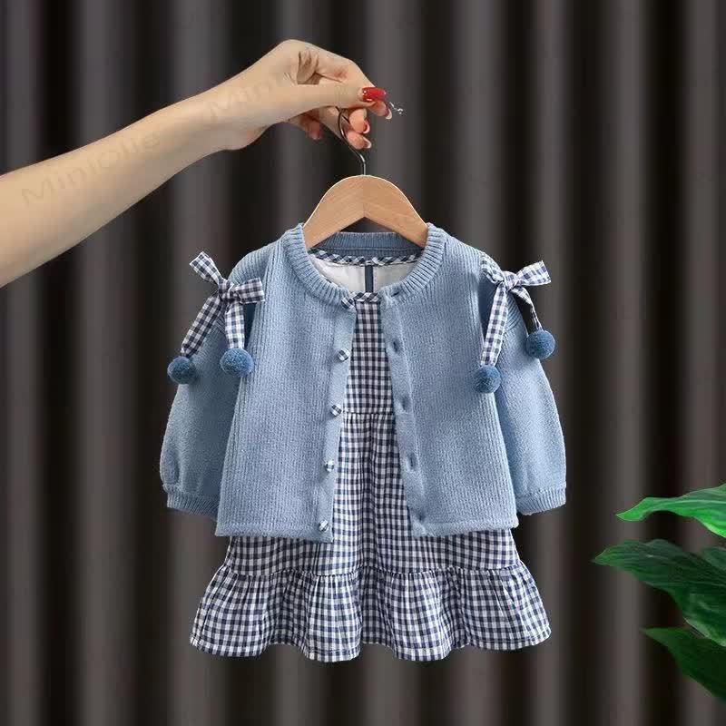 Plaid Kleid und Strickjacke für Baby und Kleinkind - Blau - 3-5J - image 1