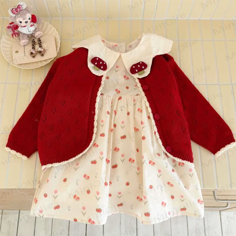 Kleinkind Mädchen Pilz Erdbeere Rot Gestrickt Strickjacke/ Beige Kleid - Rote Strickjacke - 6.5T-8T - image 2