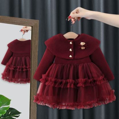 Baby Mädchen Bär Schleife Rotes Vlies -gefüttertes Kleid  - Rot - 3-5J - image 1