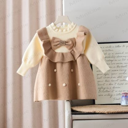 Kleinkind Kleid Schleife Stricken​ - Khaki - 8Y - image 3
