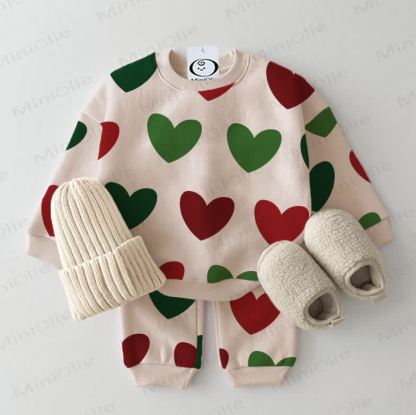 Baby Weihnachten Sweatshirt mit bunten Herzen, 2-teiliges Beige Set - Beige - 2-3J - image 1