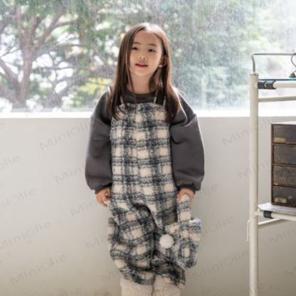Baby Beige Hase/ Dunkelblau Plaid Vlies Overalls - image 2