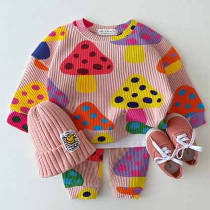 Baby Waffel Sweatshirt mit Bunt Pilzmuster, 2-teiliges Set - Rosa - 18-24M - image 1