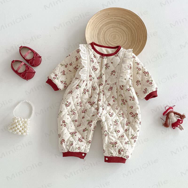 Baby Mädchen Blumen , warmer , Süß Gesteppt Strampler - Beige - 18-24M - image 1