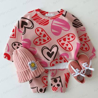 Baby Waffel Sweatshirt mit bunten Herzen, 2-teiliges Rosa Set - Rosa - 18-24M - image 1