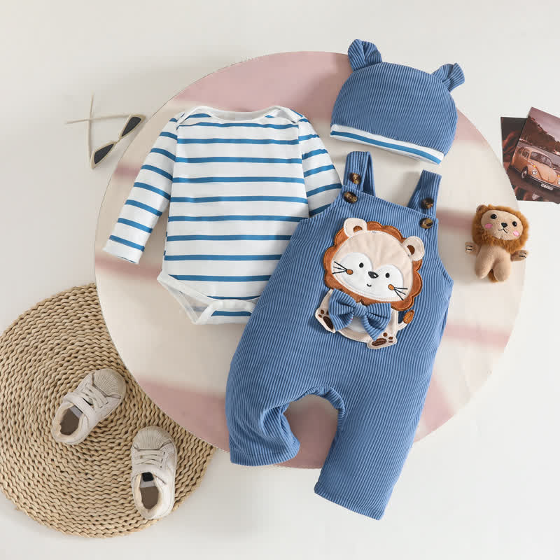 Baby Jungen - Cord mit Overalls , gestreifter Bodysuit und Hut - Blau Löwin - 12-18M - image 4