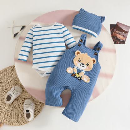 Baby Jungen - Cord mit Overalls , gestreifter Bodysuit und Hut - Blau Bär - 12-18M - image 5