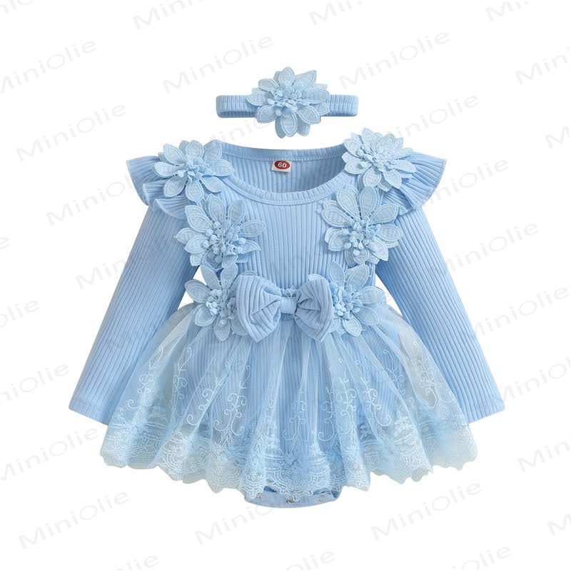 Baby Mädchen Schleife Blume Flügelärmel Lace - Strampler - Blau - 12-18M - image 2