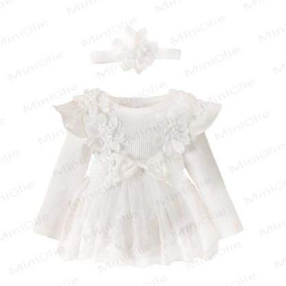 Baby Mädchen Schleife Blume Flügelärmel Lace - Strampler - Weiß - 12-18M - image 10