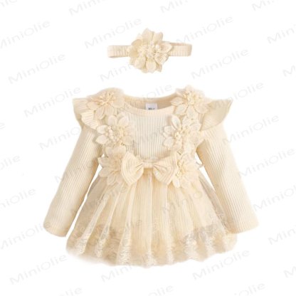 Baby Mädchen Schleife Blume Flügelärmel Lace - Strampler - Beige - 12-18M - image 11