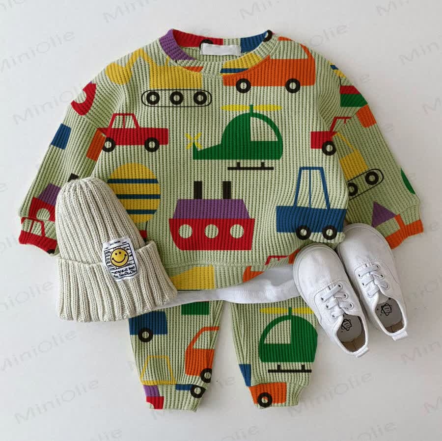 Baby Waffel Bunt Transport- Sweatshirt 2-teiliges Grünes Set - Grün - 18-24M - image 1