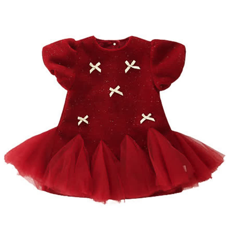 Kleid für Kind und Mädchen mit Schleife, Netzstoff und fliegenden Ärmeln - Rotes Kleid - 6-7J - image 1