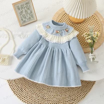 Kleinkind Mädchen Blume Doppellagiges Kleid mit Stricken - Blau - 8Y - image 3