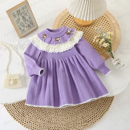 Kleinkind Mädchen Blume Doppellagiges Kleid mit Stricken - Lila - 8Y - image 4