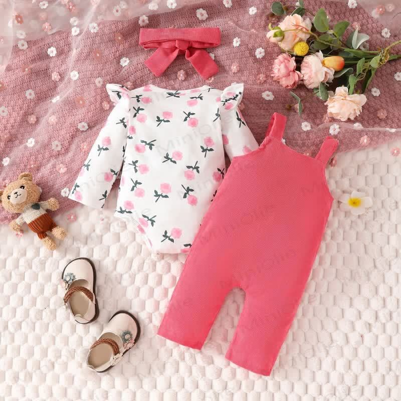 Baby Mädchen Bodysuit mit Blume und fliegenden Overalls & Bär mit Schleife - image 3