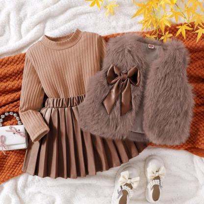 3-teiliges Set für Kind und Mädchen: Tanktop, Spitze und Rock mit Schleife und Rock in Einfarbig - Kaffee - 7Y - image 3