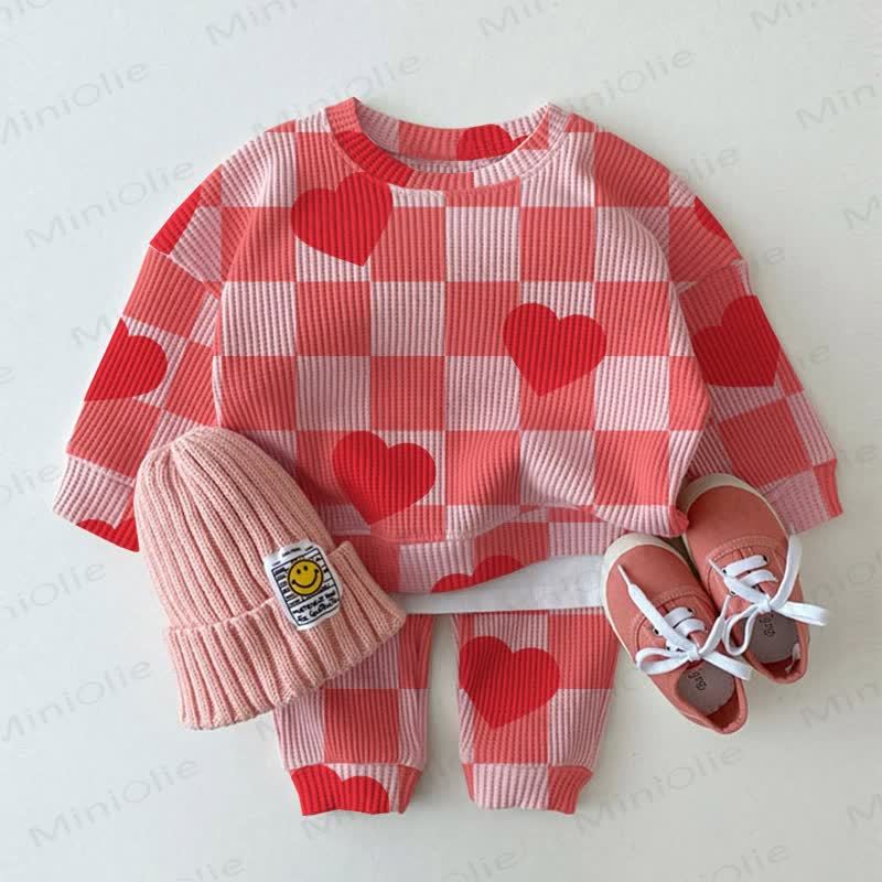 Baby Kariert Herz Waffel 2- Rosa Set - Rosa - 3-5J - image 1