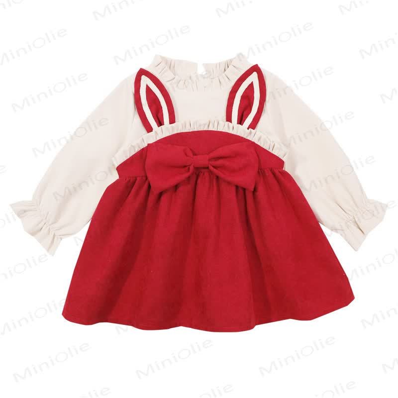 Baby Kleinkind Mädchen Hase Schleife Farbblock Kleid - Rot - 5-7J - image 1