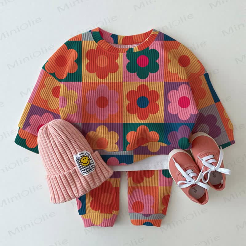Baby Waffel Sweatshirt mit Bunt Plaid und Blume , 2-teiliges Set in Rosa - Rosa - 3-5J - image 1