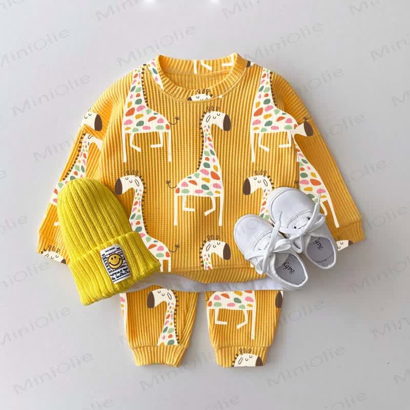 Baby Kleinkind -Giraffen- Waffel Sweatshirt Set , 2-teilig - Gelb - 2-3J - image 1