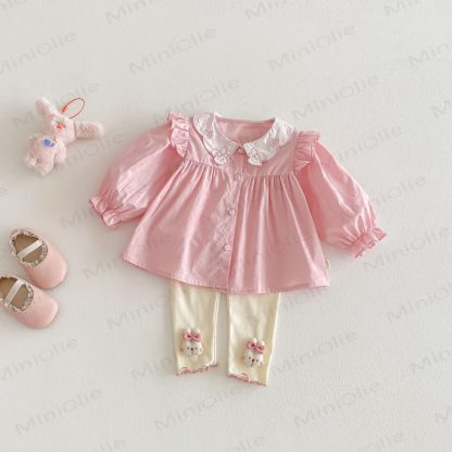 Rosa Spitze mit Hase für Baby / Beige Gamaschen mit Schleife - image 1