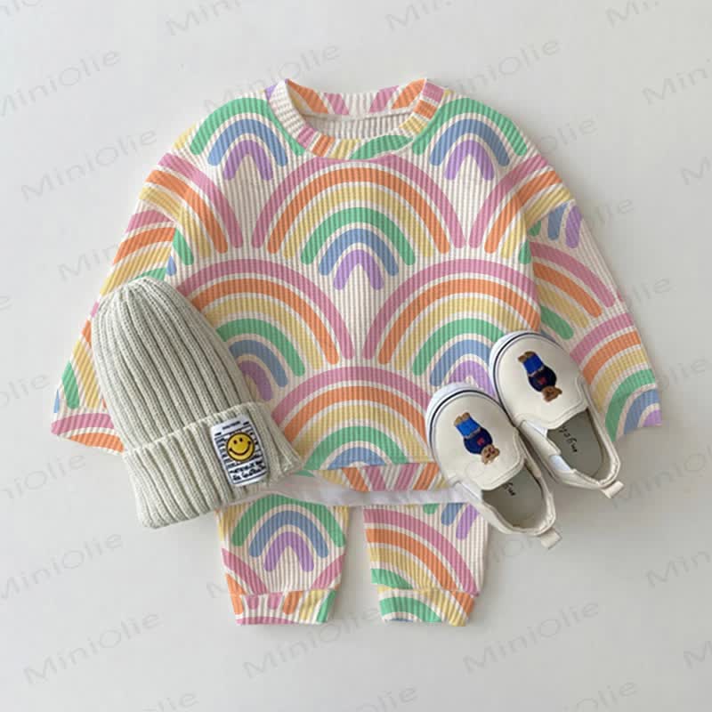 Baby Kleinkind Regenbogen Waffel 2-teiliges Beige Set - Beige - 3-5J - image 1