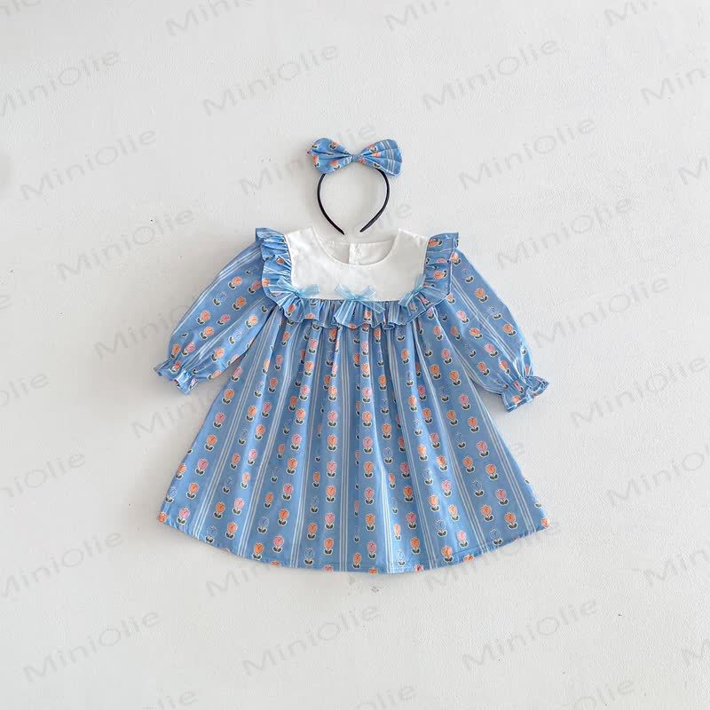 Kleid für Kind Mädchen mit Blume, Schleife und Streifen - Blau - 10Y - image 1