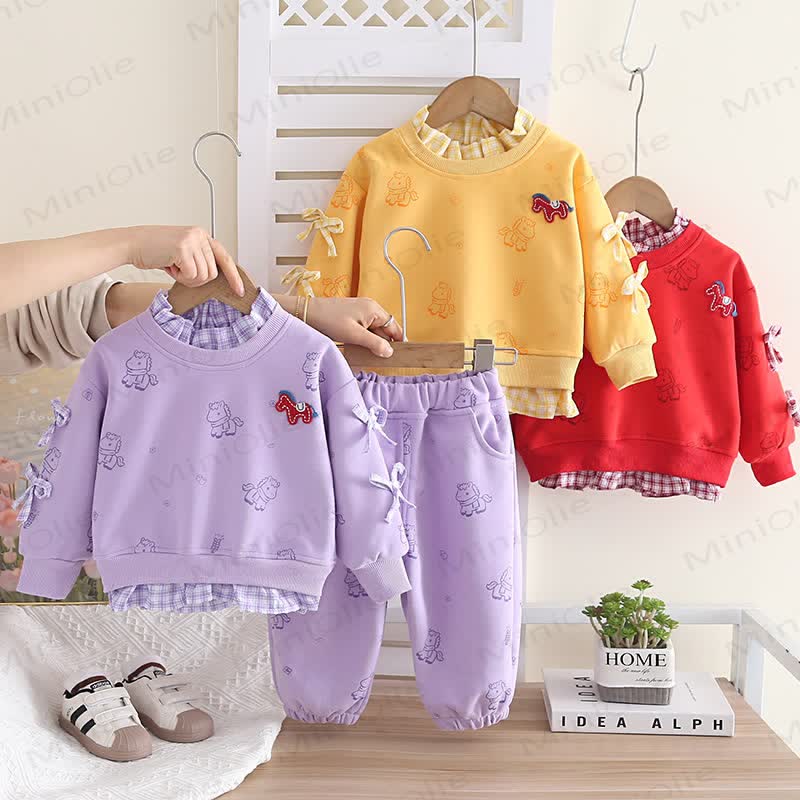 Baby Kleinkind Mädchen-Pferd- Schleife - Karo-2-teiliges Set - image 1