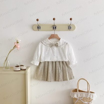 Baby Kleinkind -Mädchen- Spitze und Schleife mit Blume und Rock - Beige - 5-7J - image 1