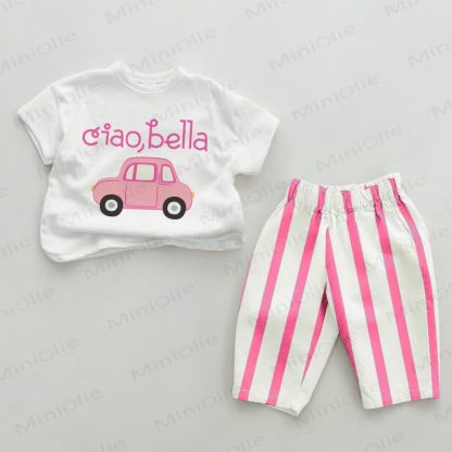 CIAO, BELLA Rosa Baby Auto Streifen 2-teiliges Set - Weiß & Rosa - 2-3J - image 1