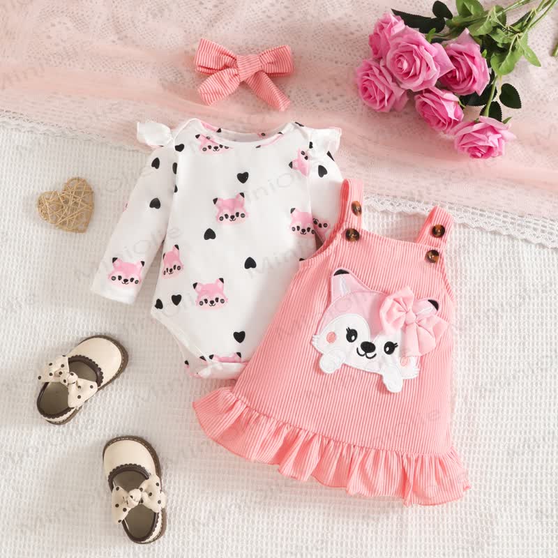 Baby Mädchen- Kleid mit Fuchs - Schleife und Liebe Bodysuit - Rosa - 12-18M - image 1