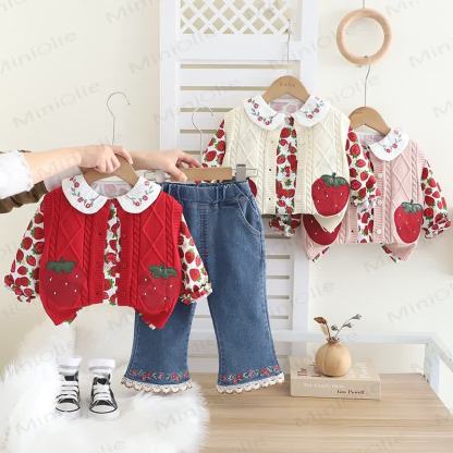 3-teiliges Stricken für Baby und Kleinkind, Mädchen, Erdbeere Blume - Set - image 1