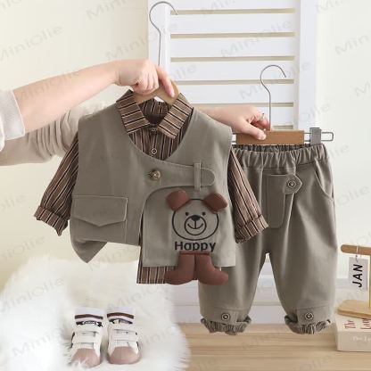 HAPPY 3-teiliges Stricken für Baby und Kleinkind , Jungen mit Streifenmuster und Hundemotiv - Grau - 5-7J - image 6