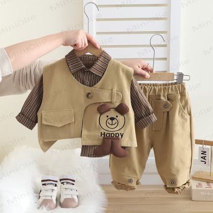 HAPPY 3-teiliges Stricken für Baby und Kleinkind , Jungen mit Streifenmuster und Hundemotiv - Khaki - 5-7J - image 2