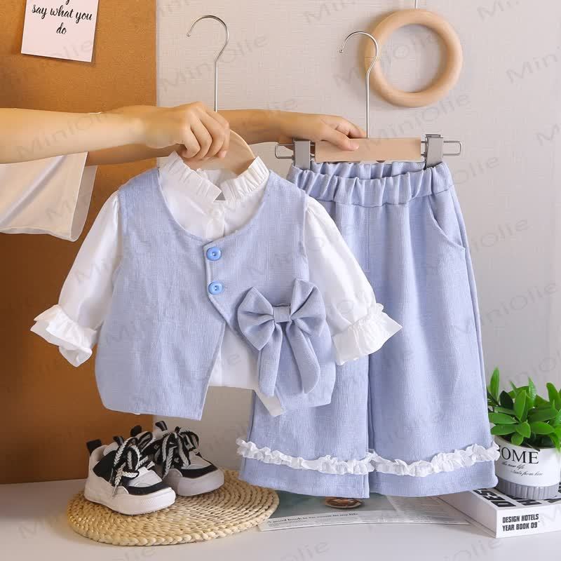 3-teiliges gewebtes Set für Baby und Kleinkinder, Mädchen , Einfarbig, mit Schleife - image 2