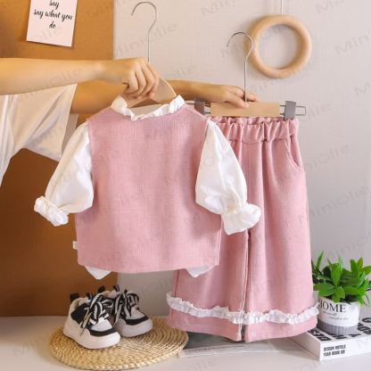 3-teiliges gewebtes Set für Baby und Kleinkinder, Mädchen , Einfarbig, mit Schleife - image 5