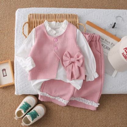 3-teiliges gewebtes Set für Baby und Kleinkinder, Mädchen , Einfarbig, mit Schleife - Rosa - 5-7J - image 6