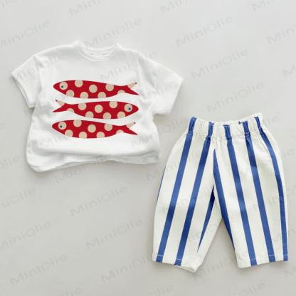 Baby Set , Punktmuster weiß Fisch, Blau Streifen, 2-teilig - Weiß & Blau - 2-3J - image 1
