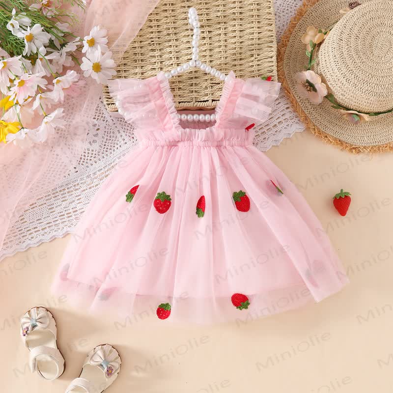 Süß Netz Kleid für Baby mit fliegenden Ärmeln - Rosa Erdbeere - 3-4J - image 4
