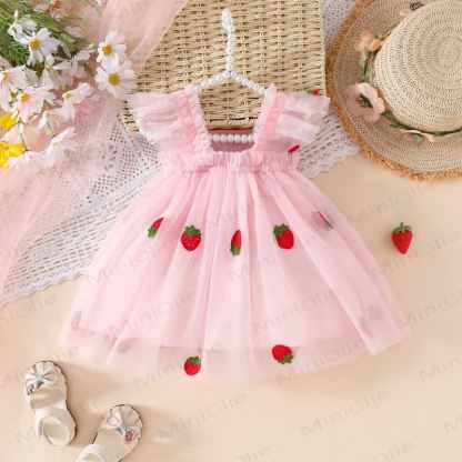 Süß Netz Kleid für Baby mit fliegenden Ärmeln - Rosa Erdbeere - 3-4J - image 4